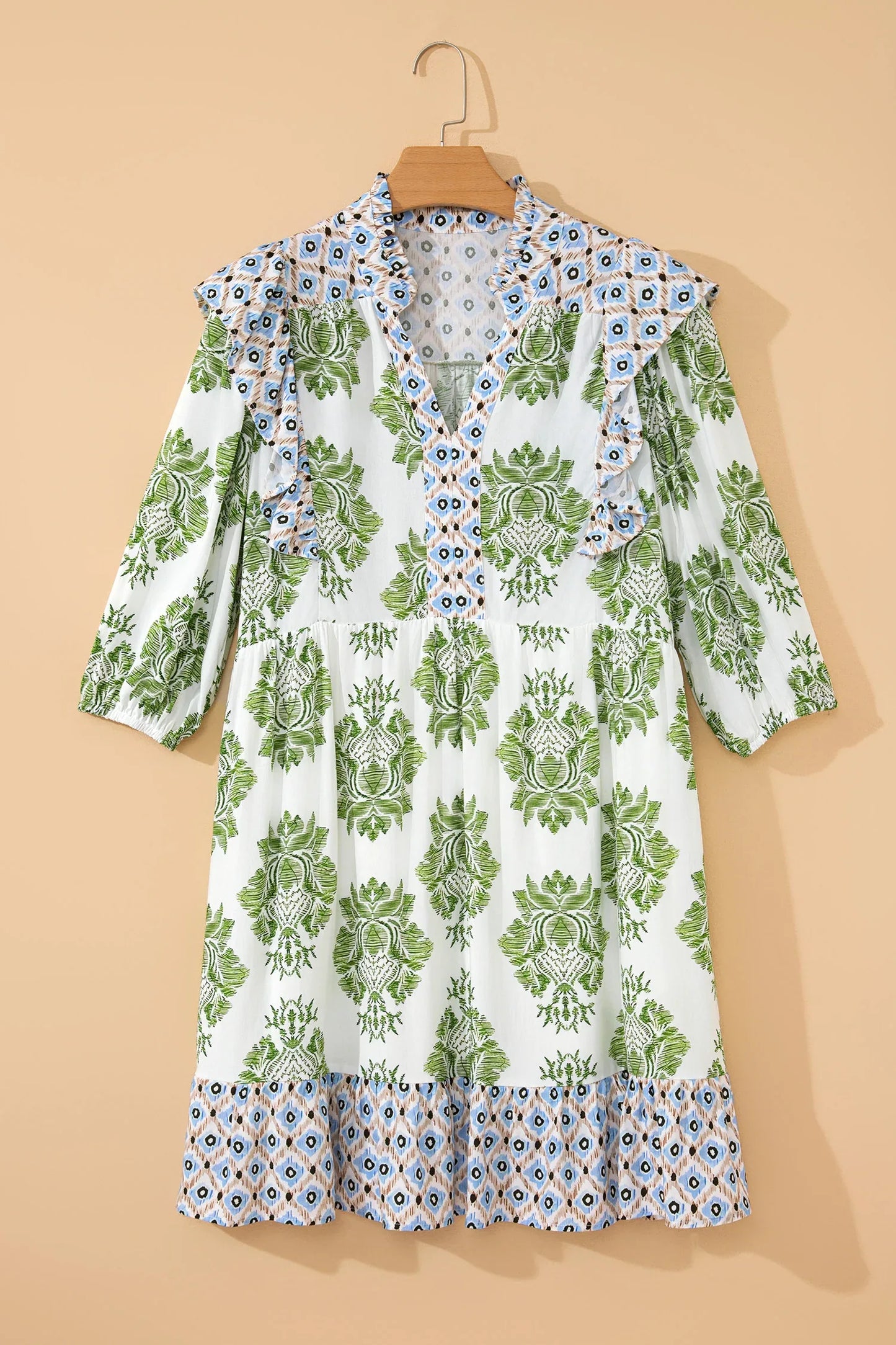 Green Floral Print Contrast Patchwork Ruffle Detail Mini Dress - MarkoFit