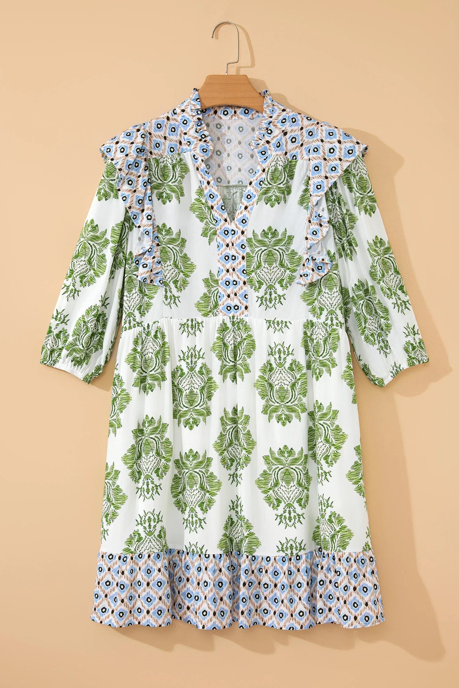 Green Floral Print Contrast Patchwork Ruffle Detail Mini Dress - MarkoFit