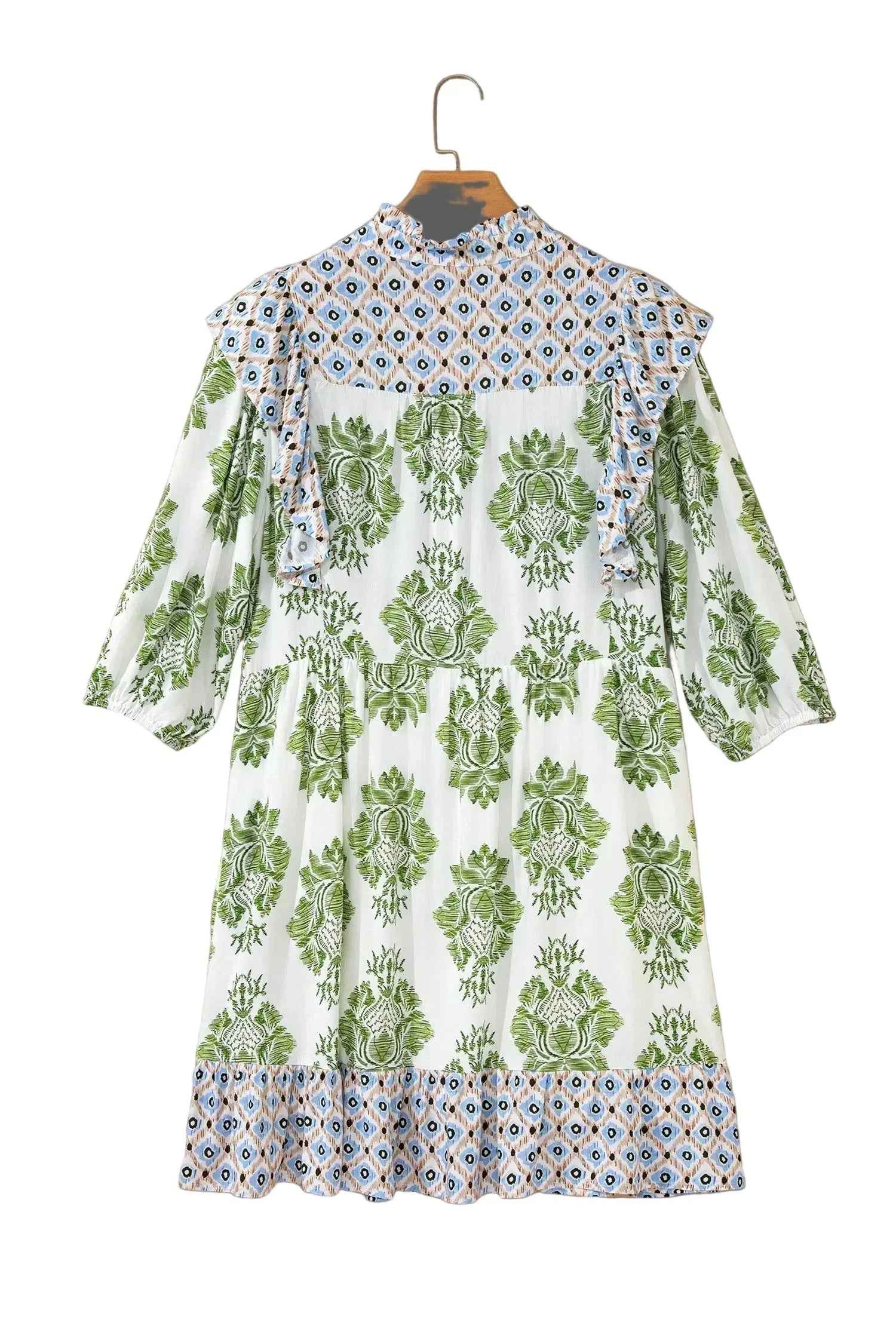 Green Floral Print Contrast Patchwork Ruffle Detail Mini Dress - MarkoFit