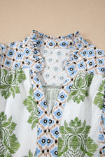 Green Floral Print Contrast Patchwork Ruffle Detail Mini Dress - MarkoFit