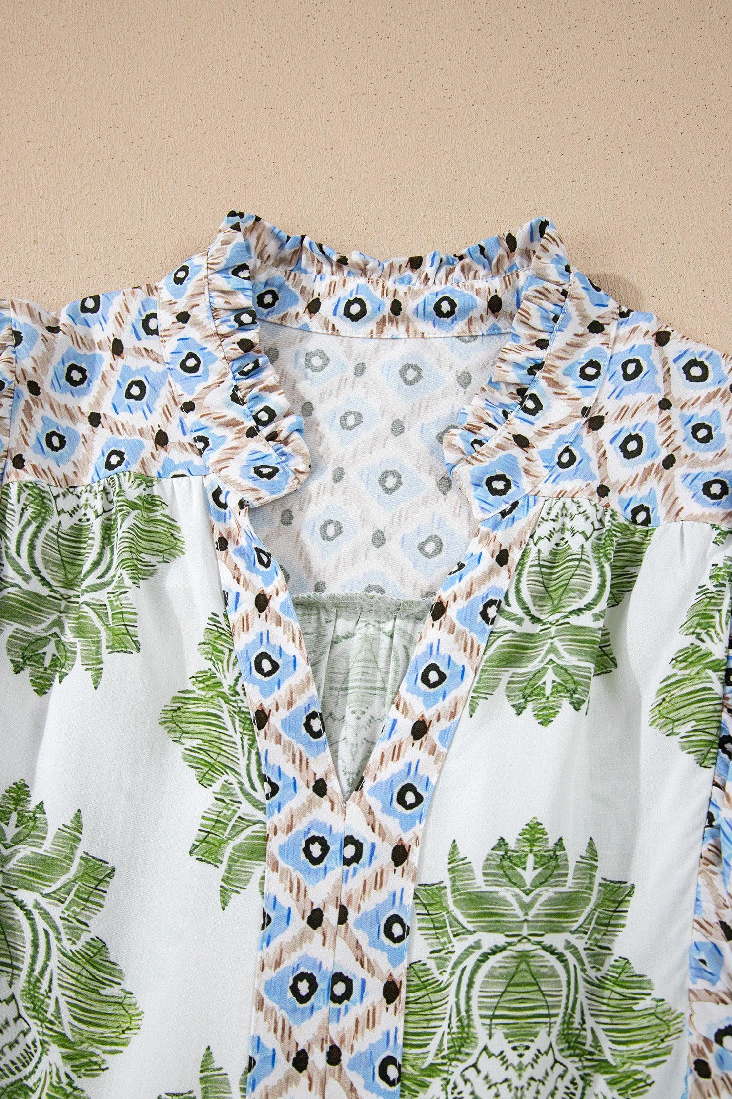 Green Floral Print Contrast Patchwork Ruffle Detail Mini Dress - MarkoFit