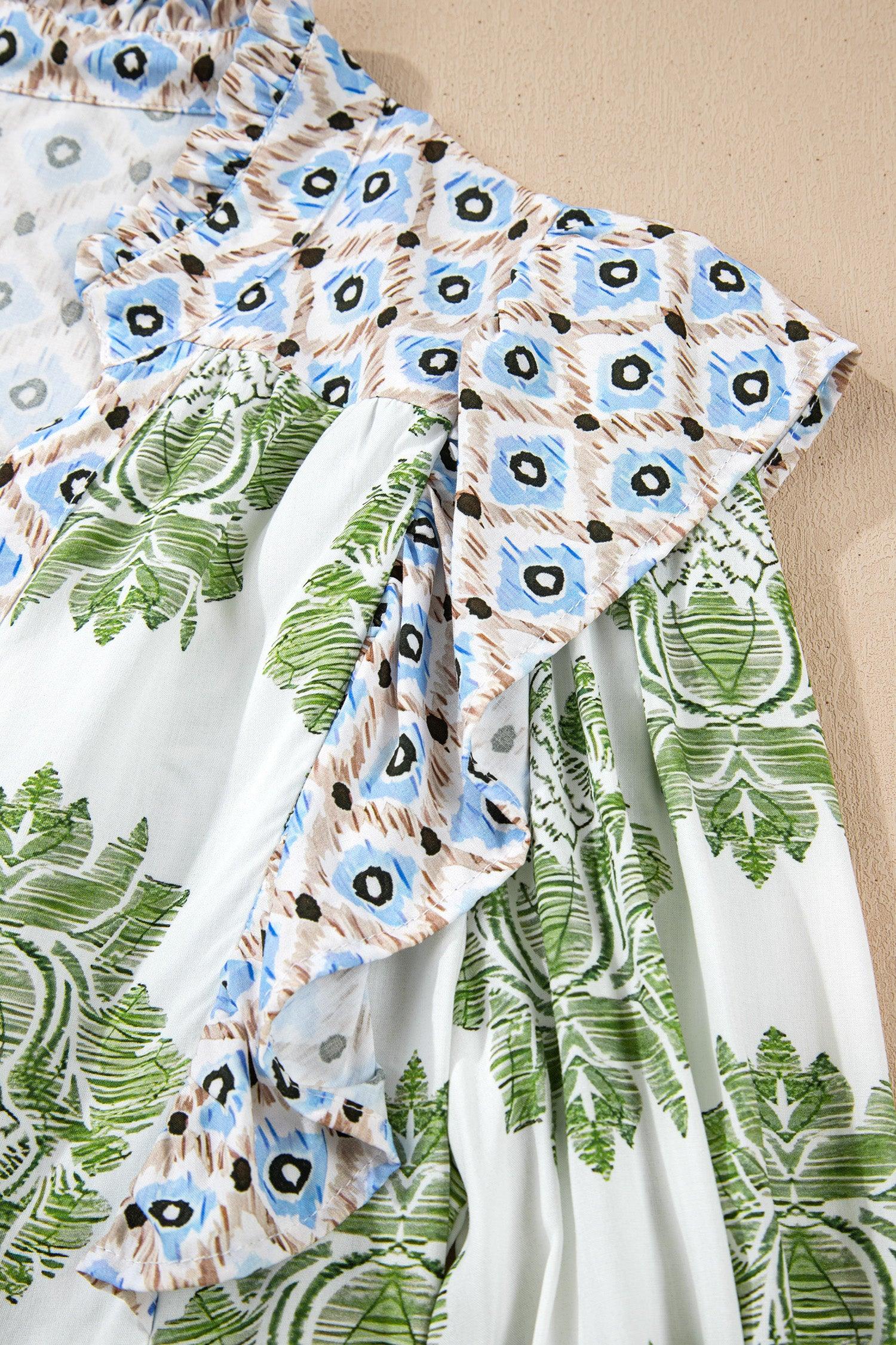 Green Floral Print Contrast Patchwork Ruffle Detail Mini Dress - MarkoFit