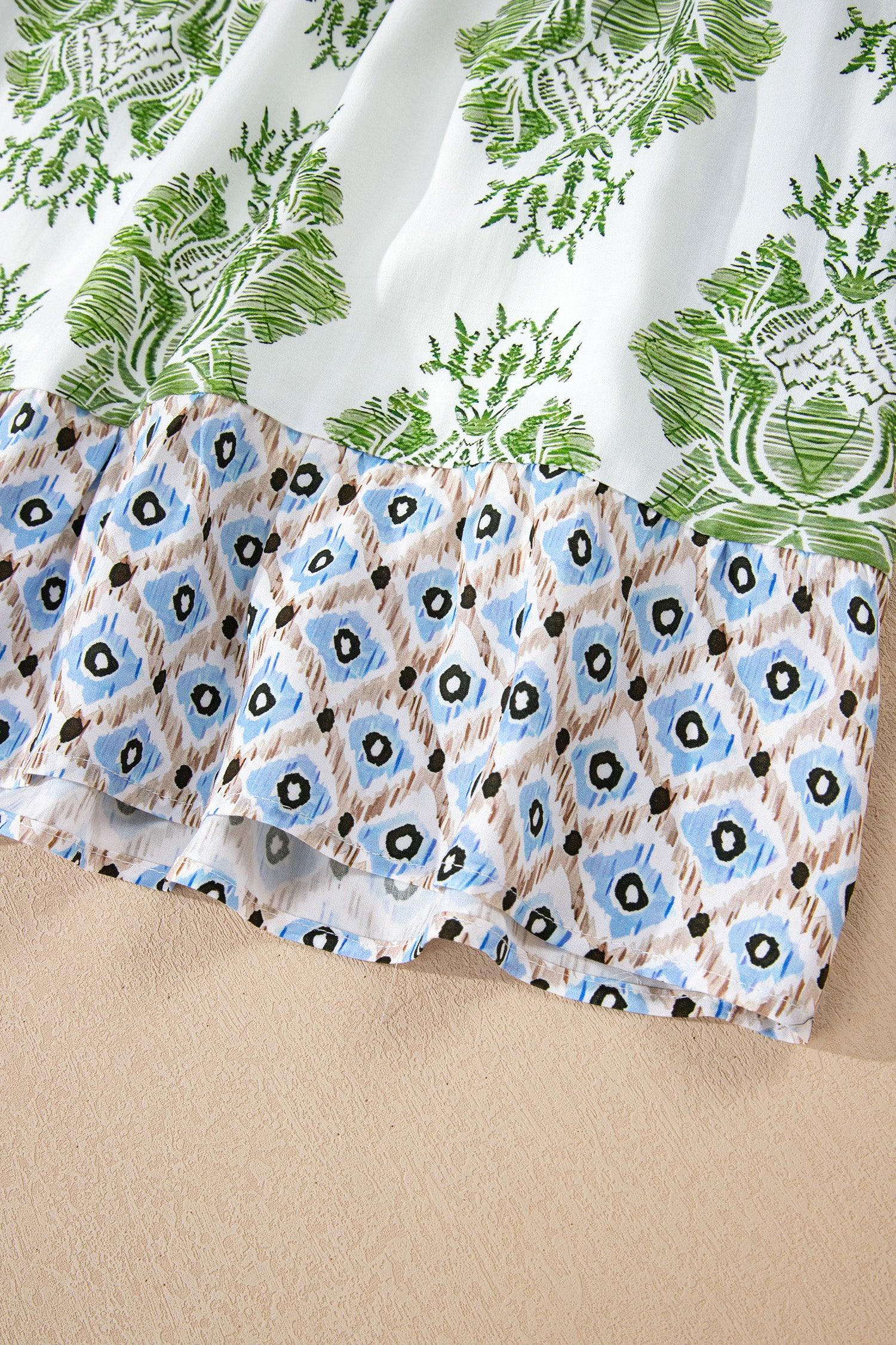 Green Floral Print Contrast Patchwork Ruffle Detail Mini Dress - MarkoFit