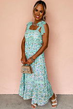 Green Floral Lace Tied Strap Empire Waist Maxi Dress - MarkoFit