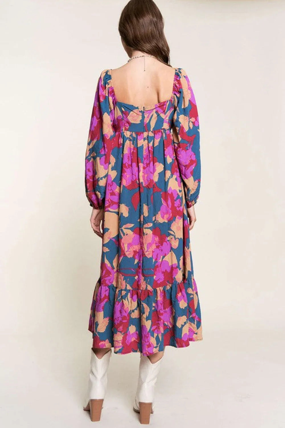 Multicolour Floral Print Square Neck Ruffled High Waist Dress - MarkoFit