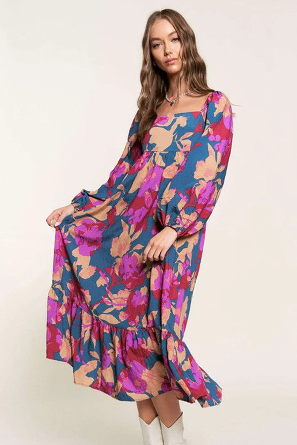 Multicolour Floral Print Square Neck Ruffled High Waist Dress - MarkoFit