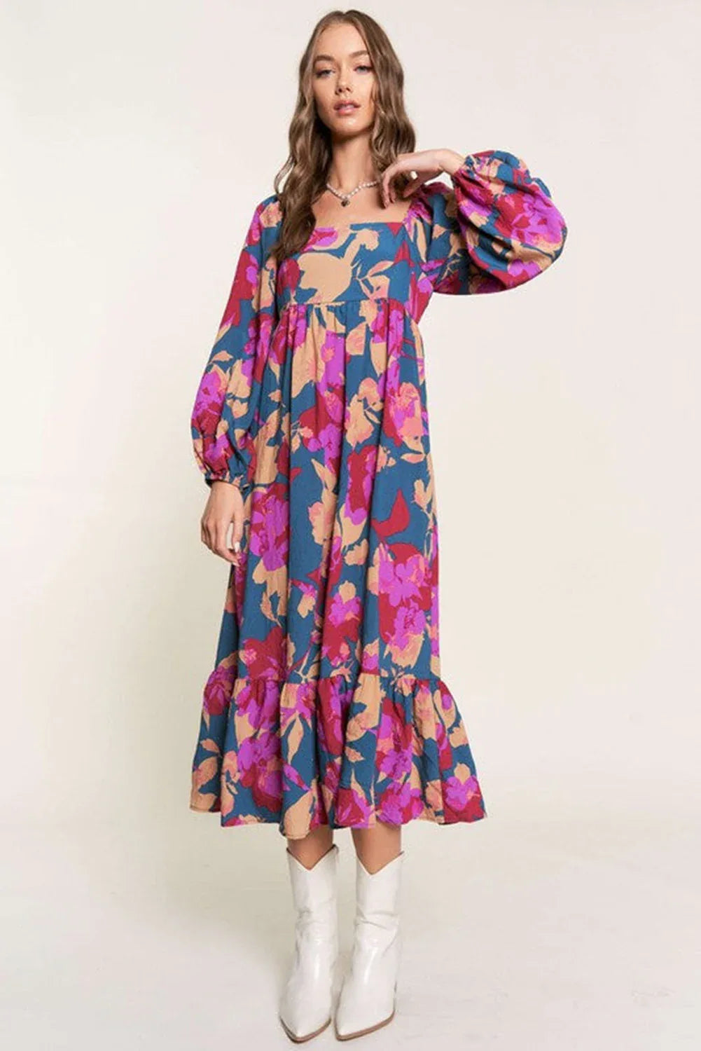 Multicolour Floral Print Square Neck Ruffled High Waist Dress - MarkoFit