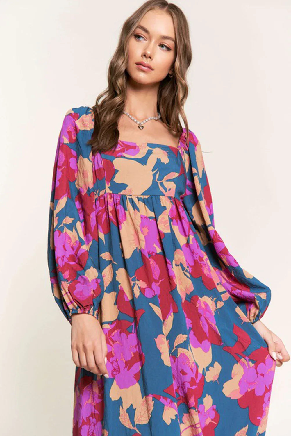 Multicolour Floral Print Square Neck Ruffled High Waist Dress - MarkoFit