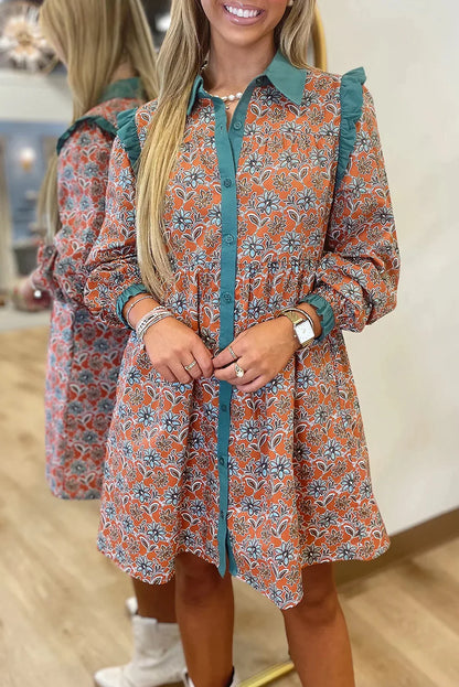 Orange Boho Floral Contrast Collared Shirt Mini Dress - MarkoFit