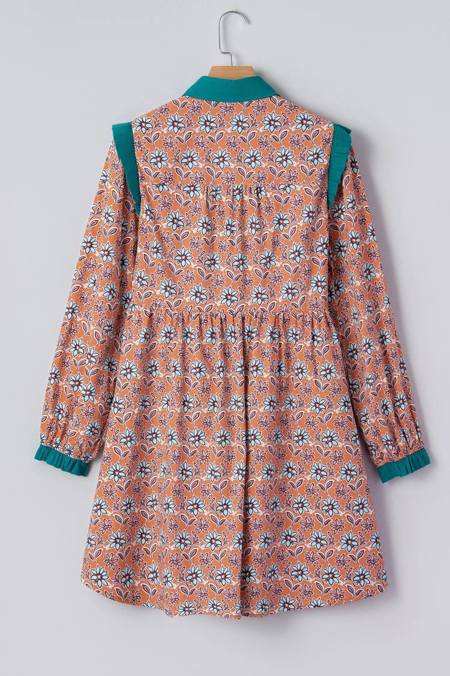 Orange Boho Floral Contrast Collared Shirt Mini Dress - MarkoFit