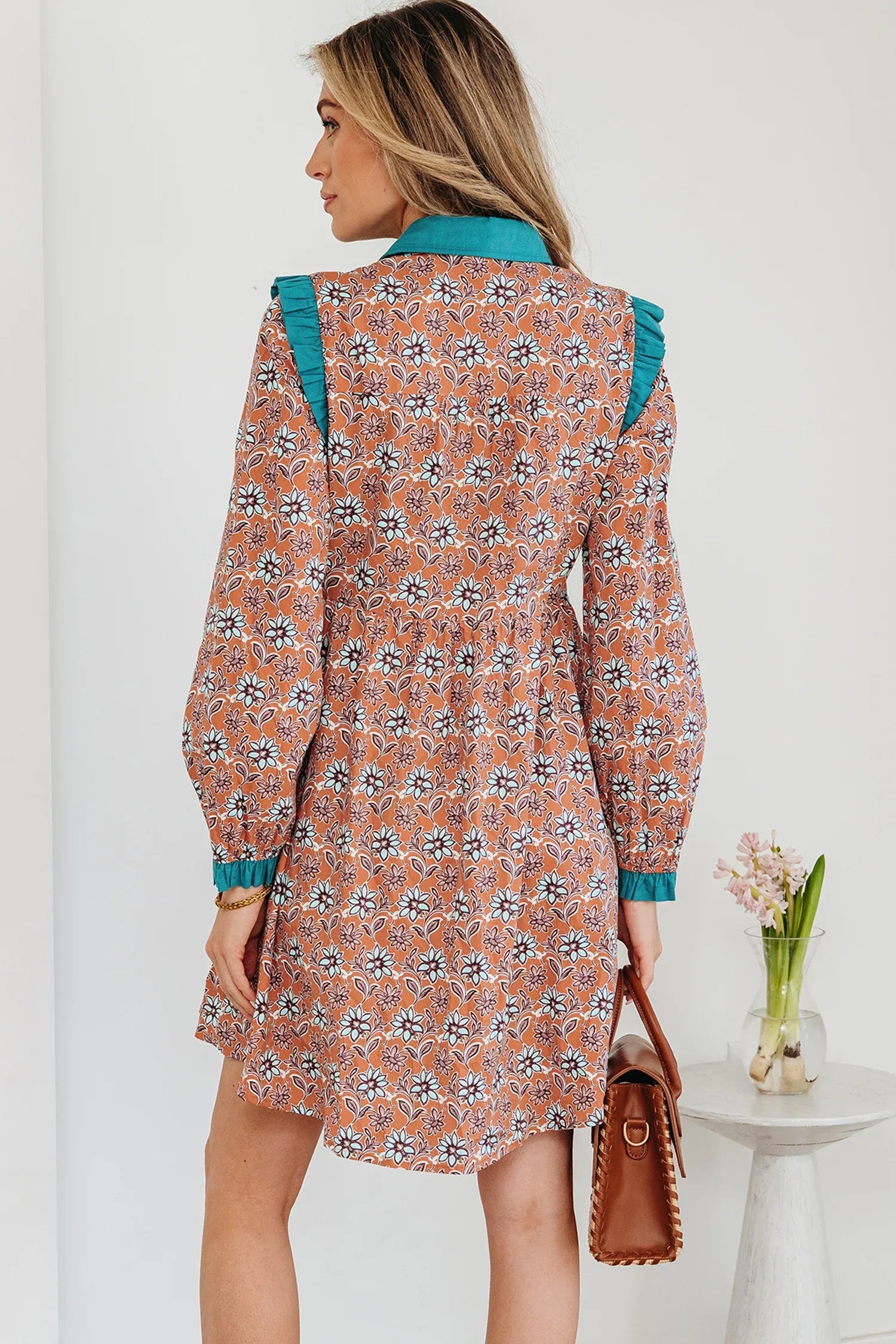 Orange Boho Floral Contrast Collared Shirt Mini Dress - MarkoFit