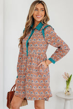 Orange Boho Floral Contrast Collared Shirt Mini Dress - MarkoFit