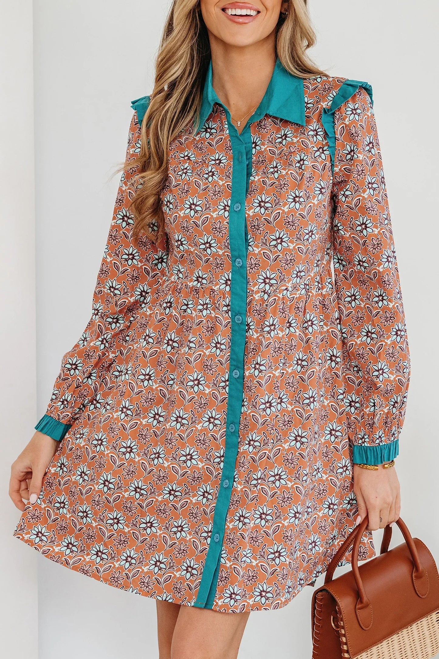 Orange Boho Floral Contrast Collared Shirt Mini Dress - MarkoFit