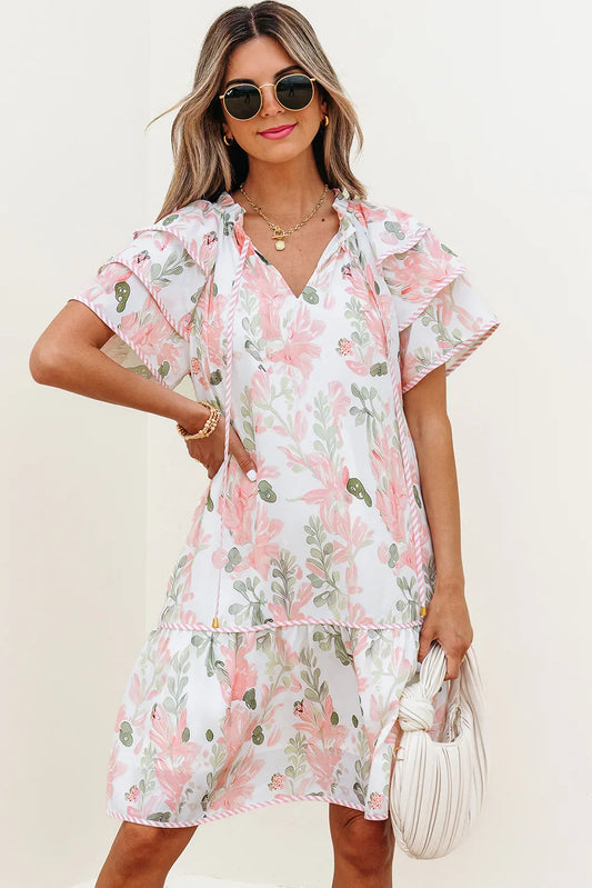 Pink Floral Contrast Edge Layered Short Sleeve Mini Dress - MarkoFit