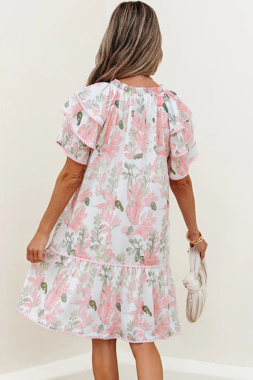 Pink Floral Contrast Edge Layered Short Sleeve Mini Dress - MarkoFit