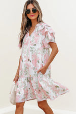 Pink Floral Contrast Edge Layered Short Sleeve Mini Dress - MarkoFit
