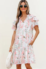 Pink Floral Contrast Edge Layered Short Sleeve Mini Dress - MarkoFit
