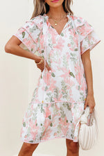 Pink Floral Contrast Edge Layered Short Sleeve Mini Dress - MarkoFit