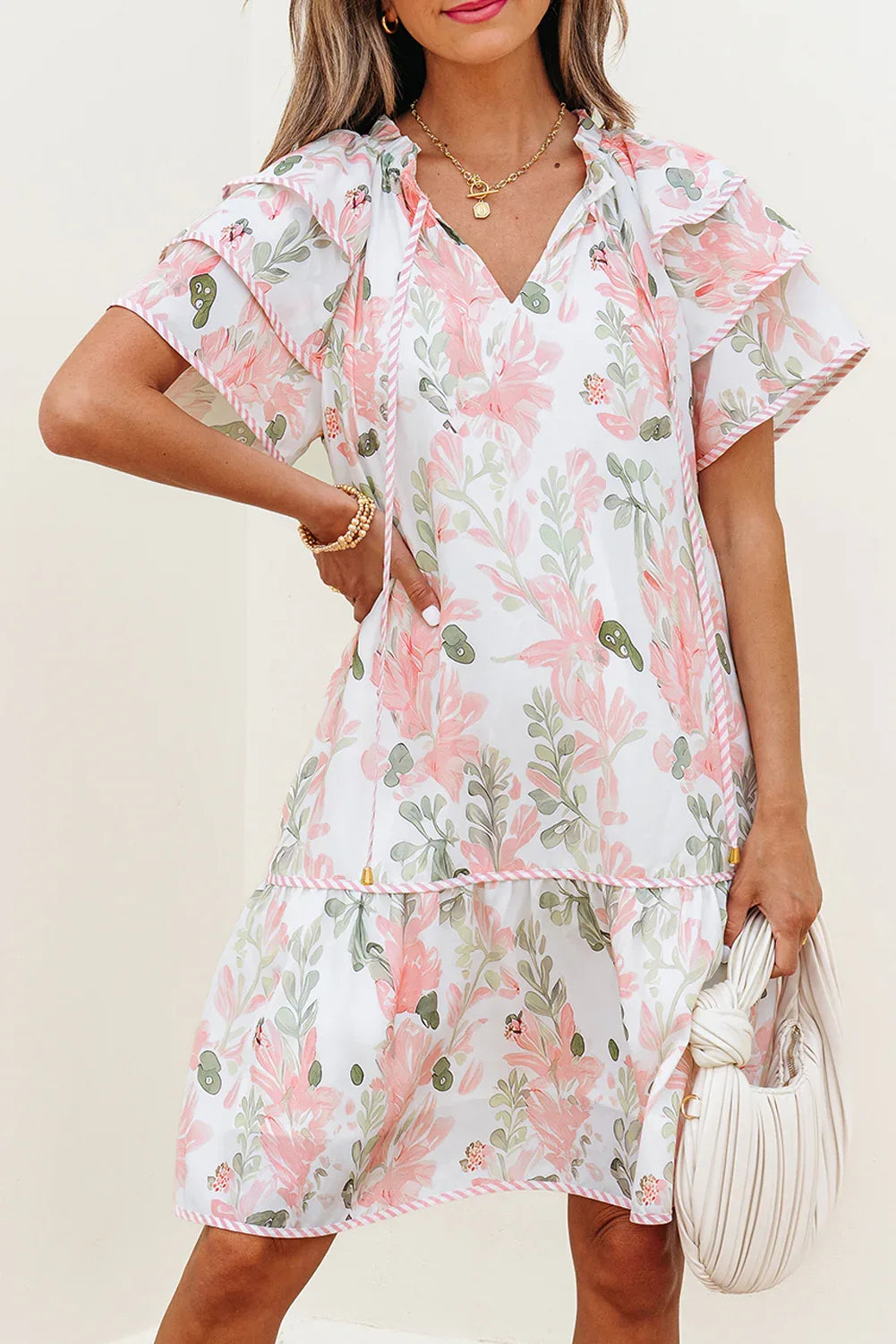 Pink Floral Contrast Edge Layered Short Sleeve Mini Dress - MarkoFit