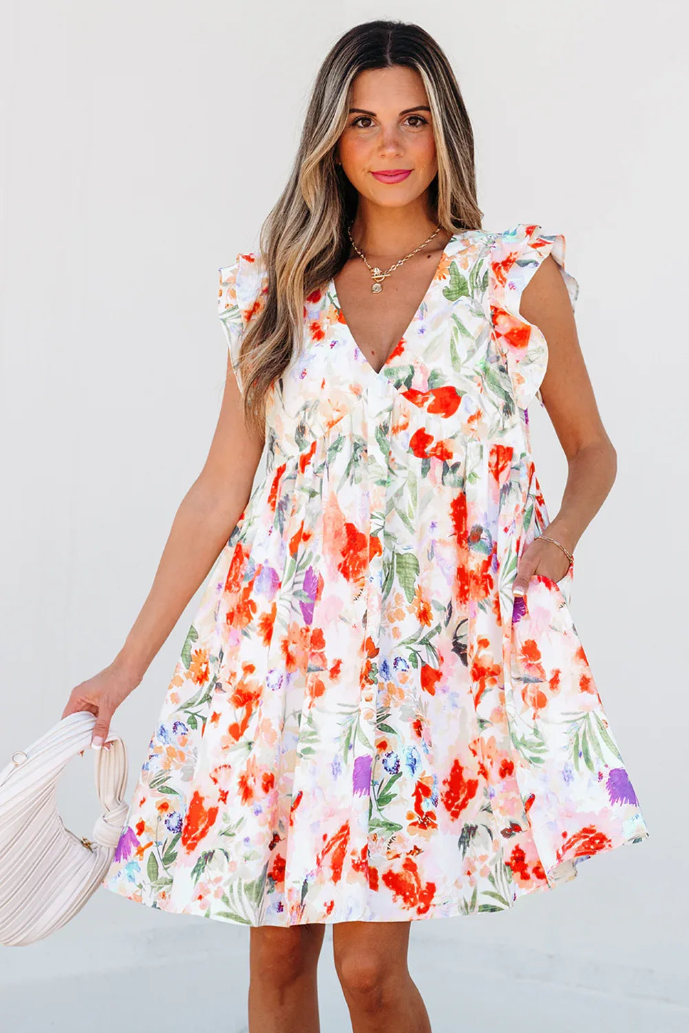 Pink Floral Double Ruffle Sleeve V Neck High Waist Mini Dress - MarkoFit