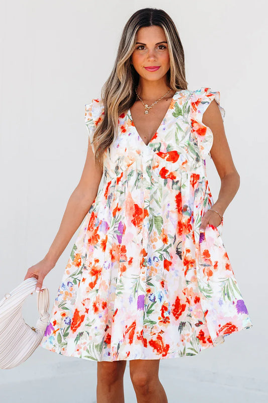 Pink Floral Double Ruffle Sleeve V Neck High Waist Mini Dress - MarkoFit