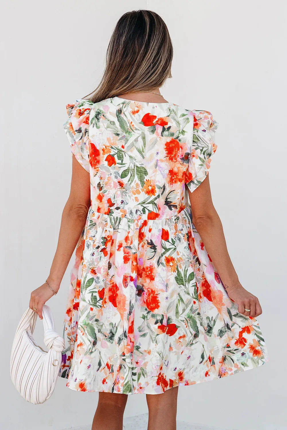 Pink Floral Double Ruffle Sleeve V Neck High Waist Mini Dress - MarkoFit