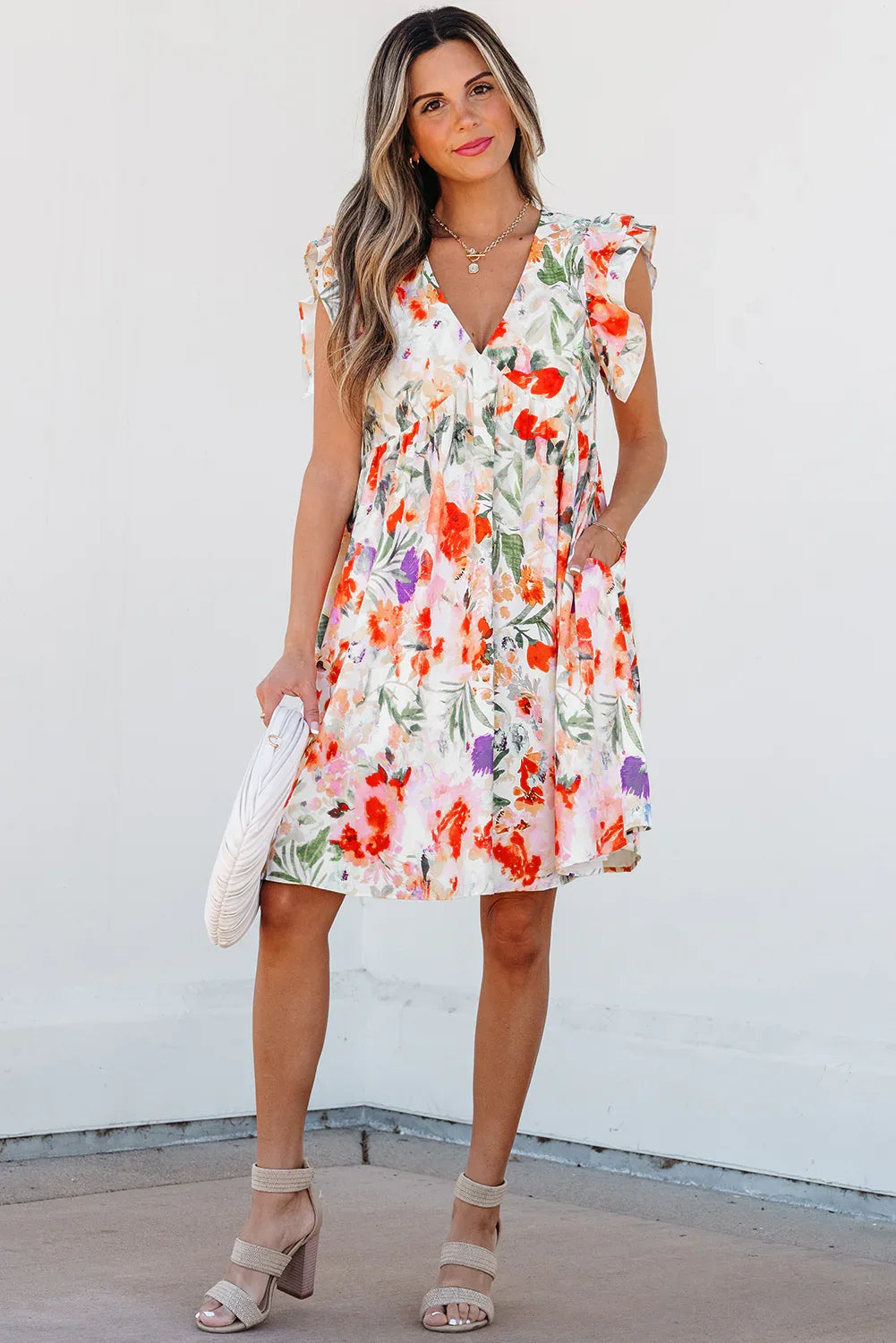 Pink Floral Double Ruffle Sleeve V Neck High Waist Mini Dress - MarkoFit