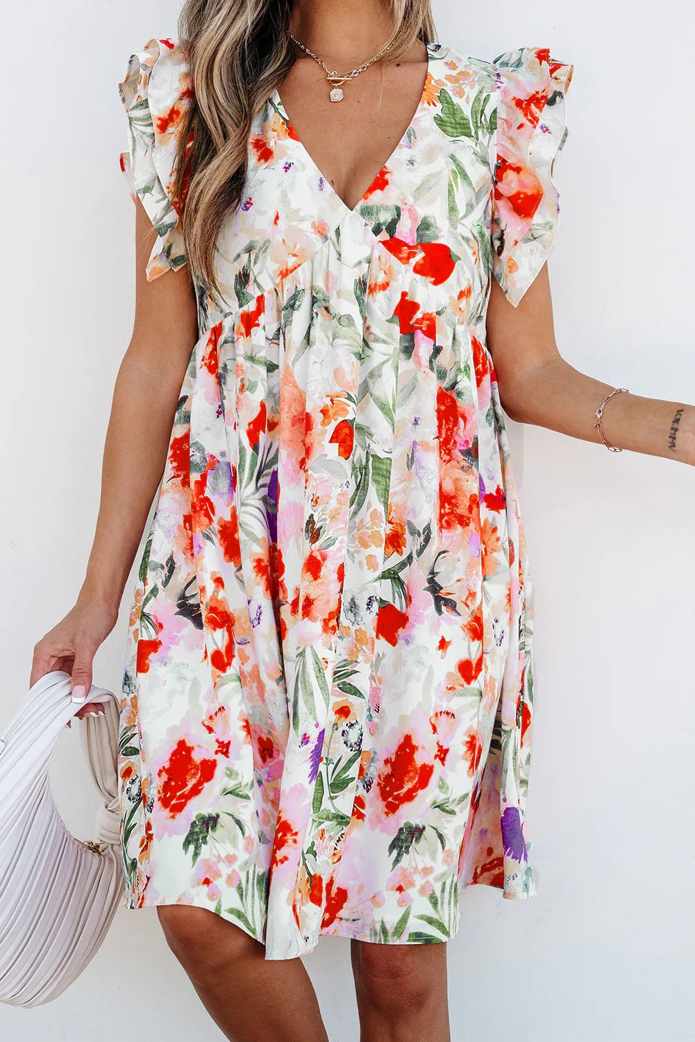 Pink Floral Double Ruffle Sleeve V Neck High Waist Mini Dress - MarkoFit