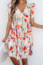 Pink Floral Double Ruffle Sleeve V Neck High Waist Mini Dress - MarkoFit