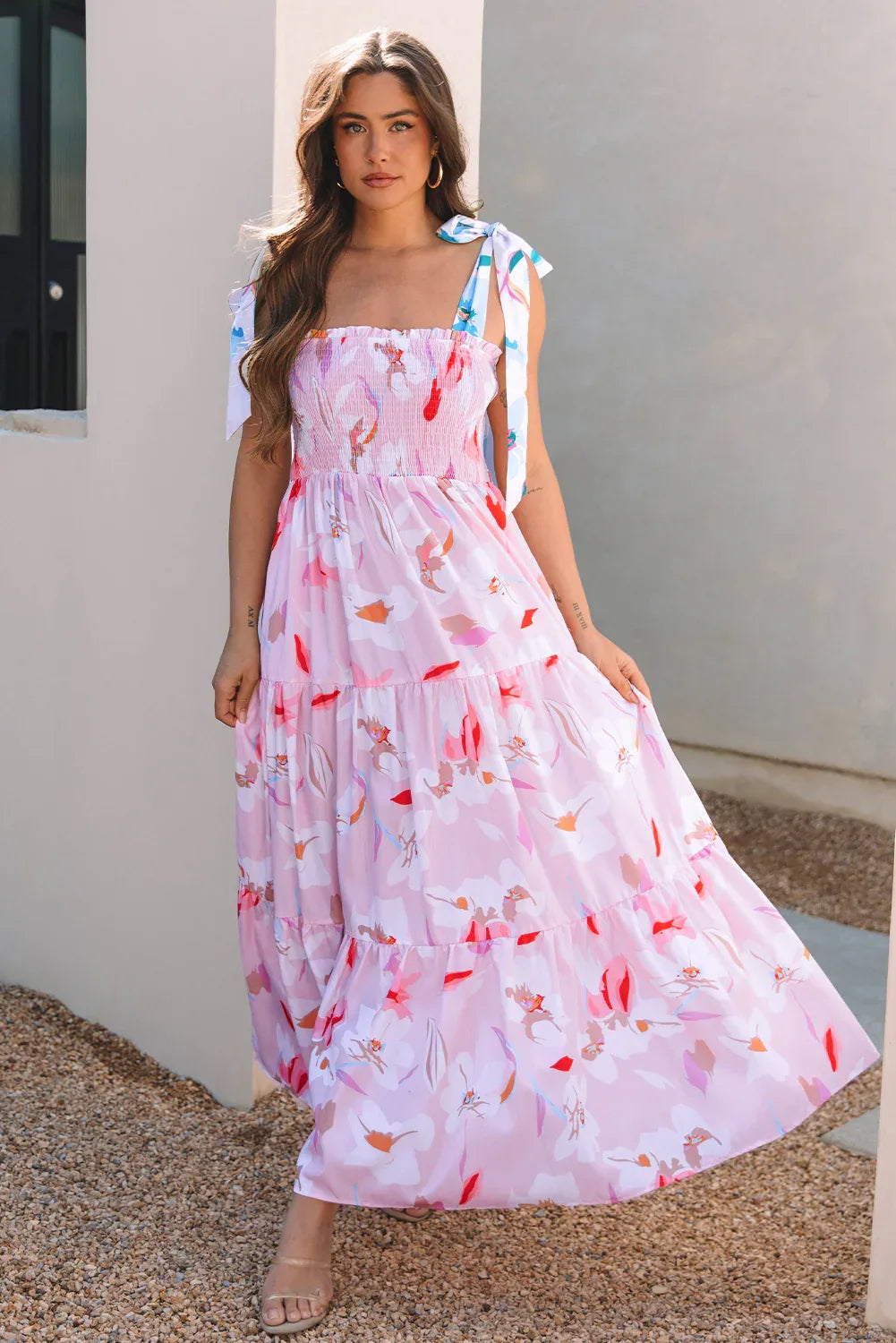 Pink Floral Print Knotted Shoulder Smocked Maxi Dress - MarkoFit