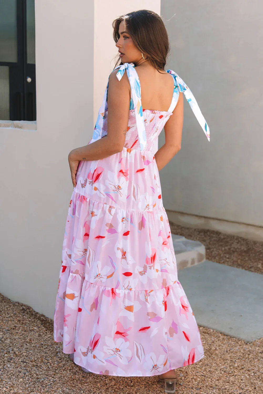 Pink Floral Print Knotted Shoulder Smocked Maxi Dress - MarkoFit