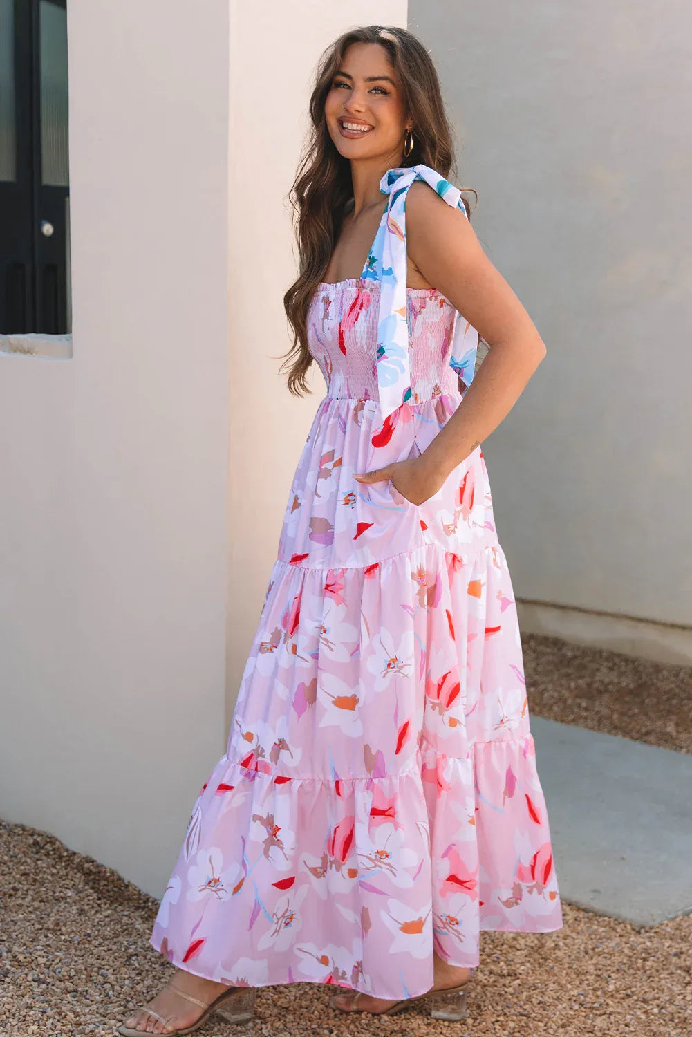 Pink Floral Print Knotted Shoulder Smocked Maxi Dress - MarkoFit