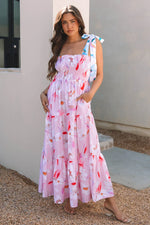 Pink Floral Print Knotted Shoulder Smocked Maxi Dress - MarkoFit