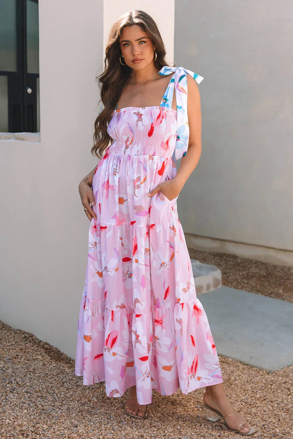 Pink Floral Print Knotted Shoulder Smocked Maxi Dress - MarkoFit