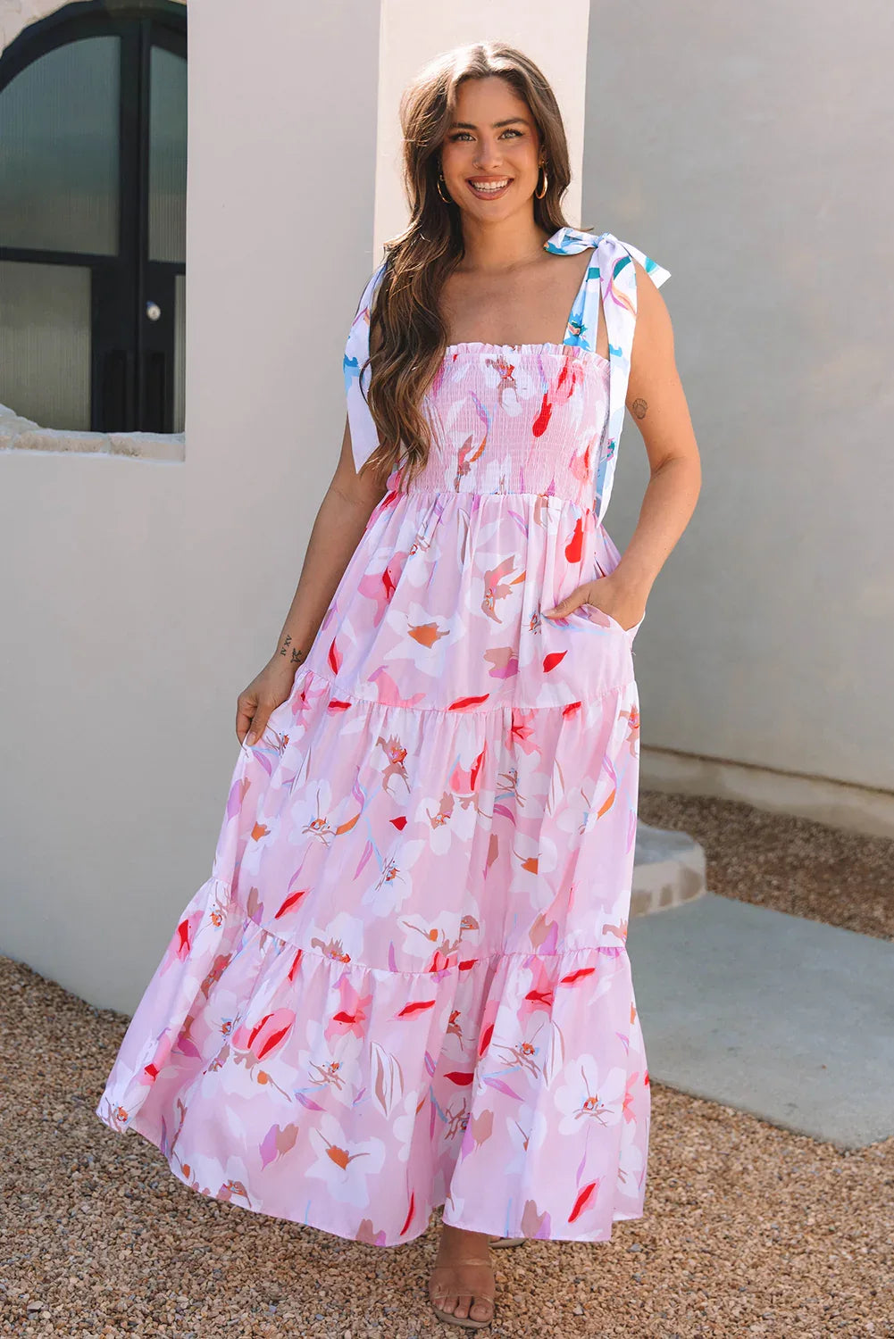 Pink Floral Print Knotted Shoulder Smocked Maxi Dress - MarkoFit