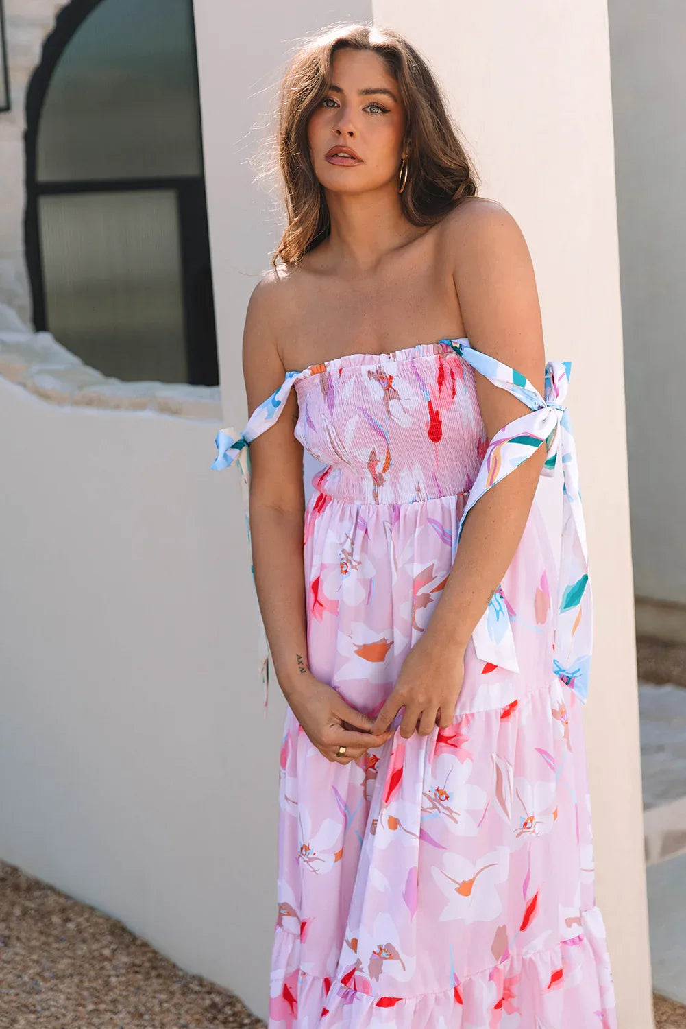 Pink Floral Print Knotted Shoulder Smocked Maxi Dress - MarkoFit