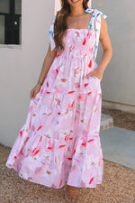 Pink Floral Print Knotted Shoulder Smocked Maxi Dress - MarkoFit