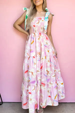 Pink Floral Print Knotted Shoulder Smocked Maxi Dress - MarkoFit