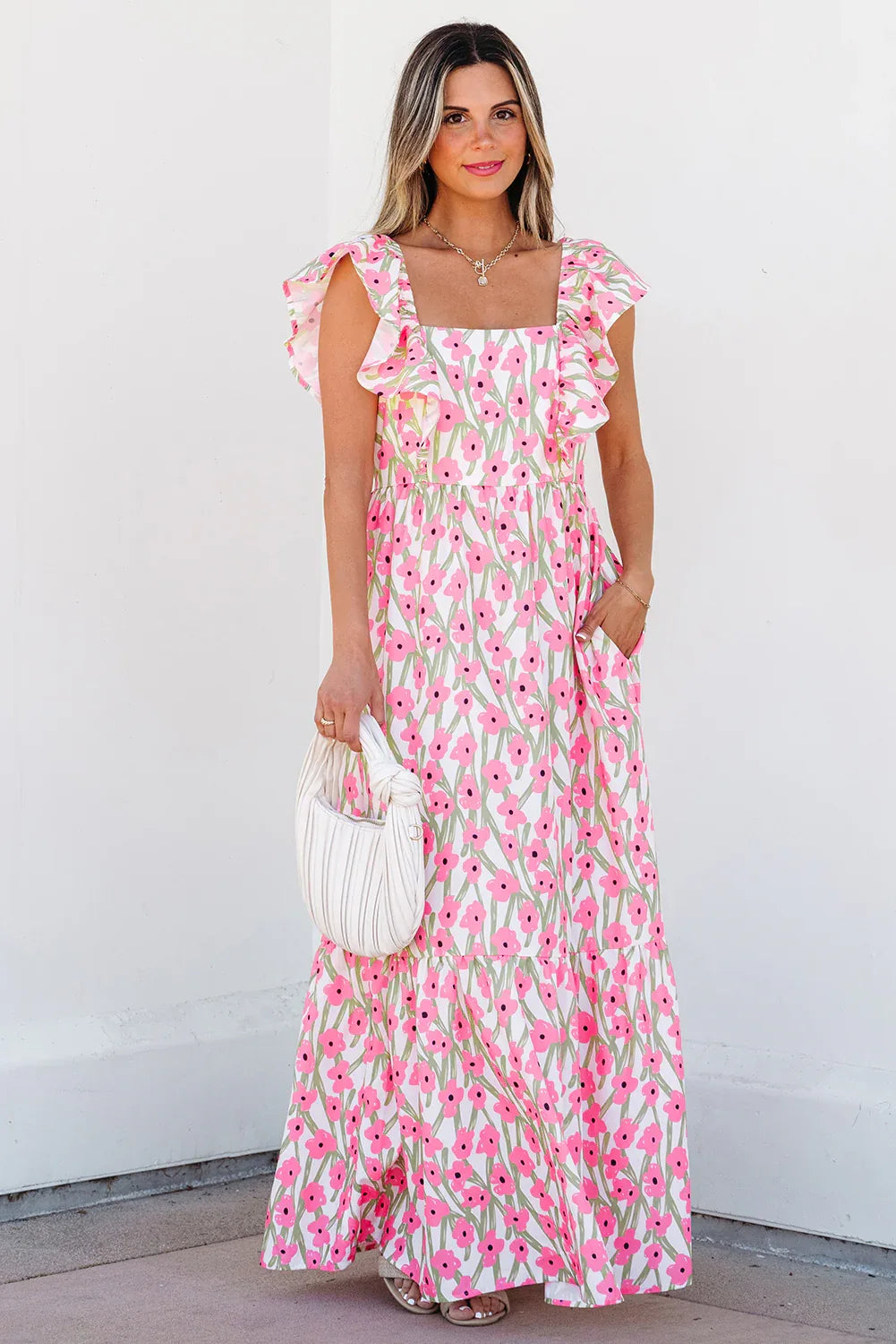 Pink Floral Print Square Neck Ruffled Strap Maxi Dress - MarkoFit