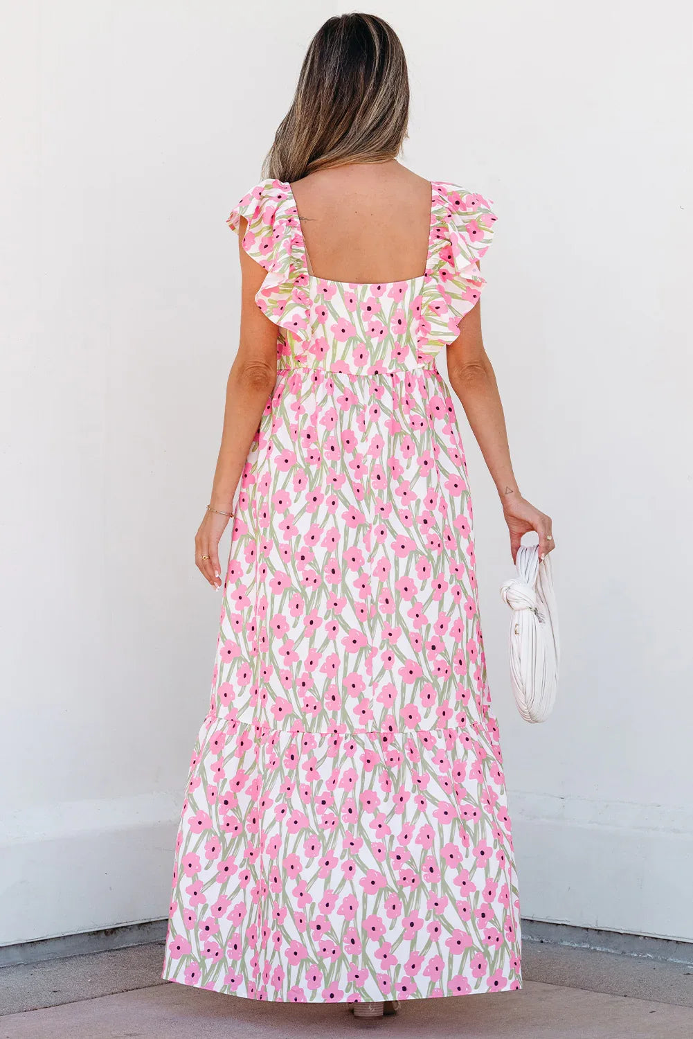 Pink Floral Print Square Neck Ruffled Strap Maxi Dress - MarkoFit