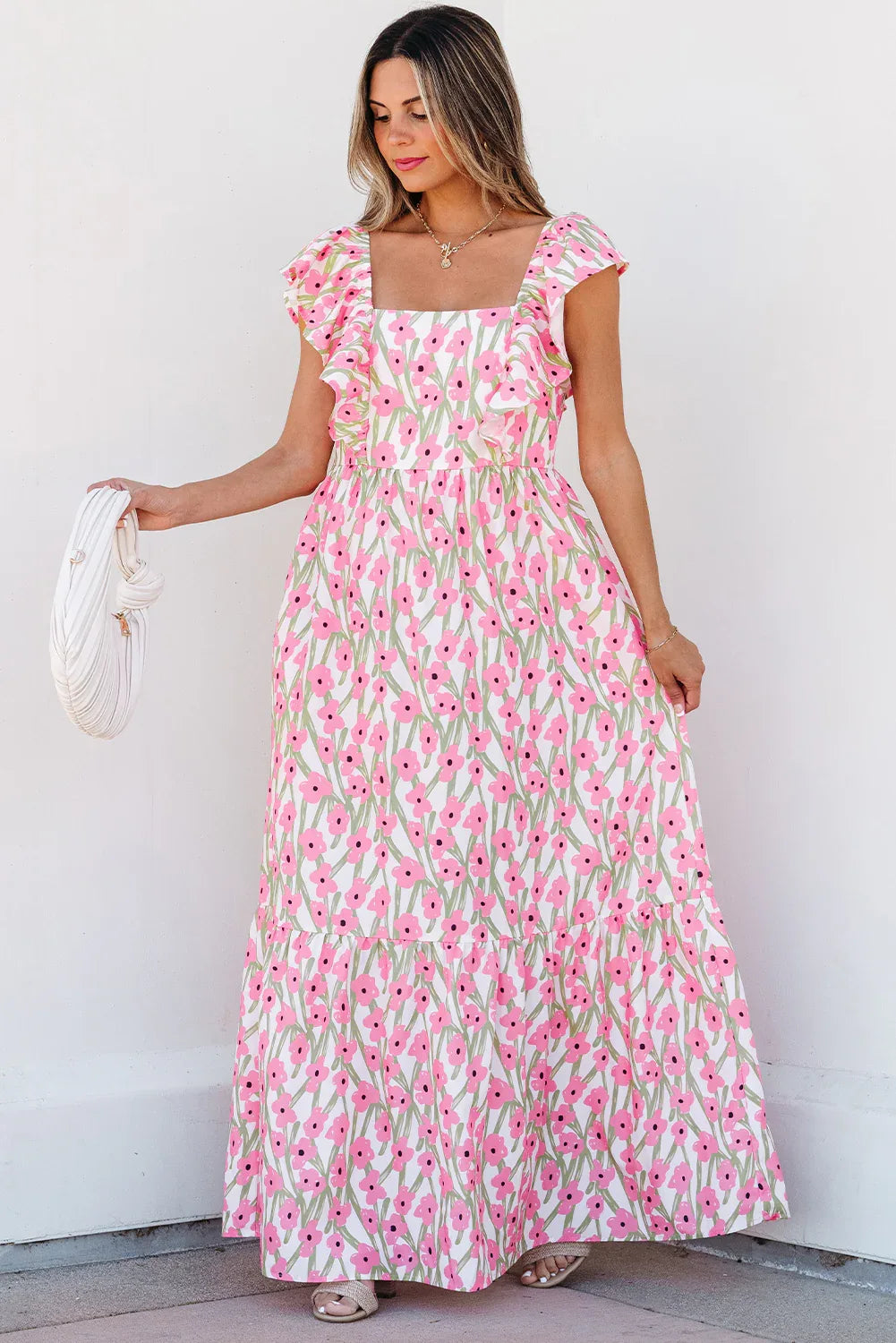 Pink Floral Print Square Neck Ruffled Strap Maxi Dress - MarkoFit