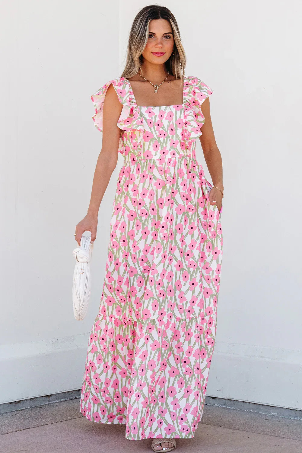 Pink Floral Print Square Neck Ruffled Strap Maxi Dress - MarkoFit