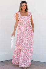Pink Floral Print Square Neck Ruffled Strap Maxi Dress - MarkoFit