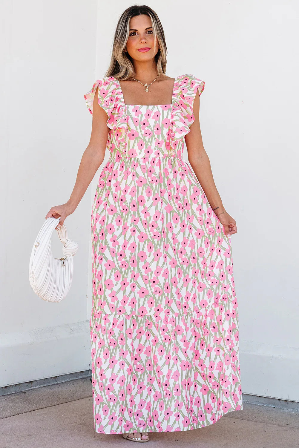 Pink Floral Print Square Neck Ruffled Strap Maxi Dress - MarkoFit