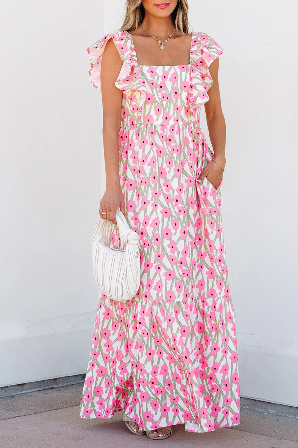 Pink Floral Print Square Neck Ruffled Strap Maxi Dress - MarkoFit