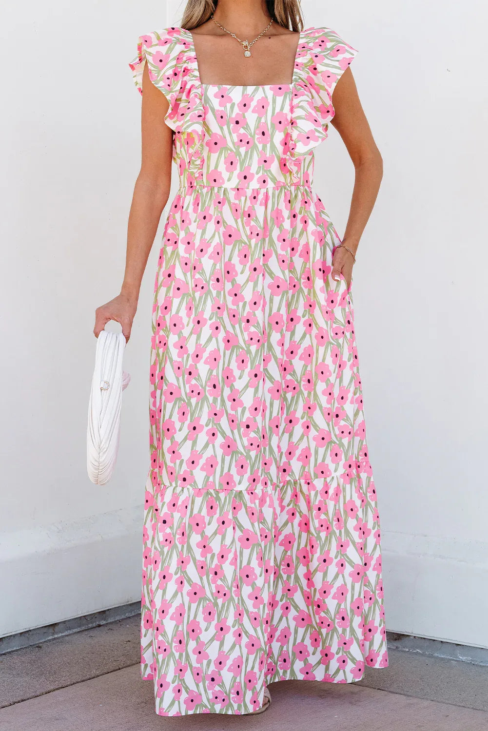 Pink Floral Print Square Neck Ruffled Strap Maxi Dress - MarkoFit