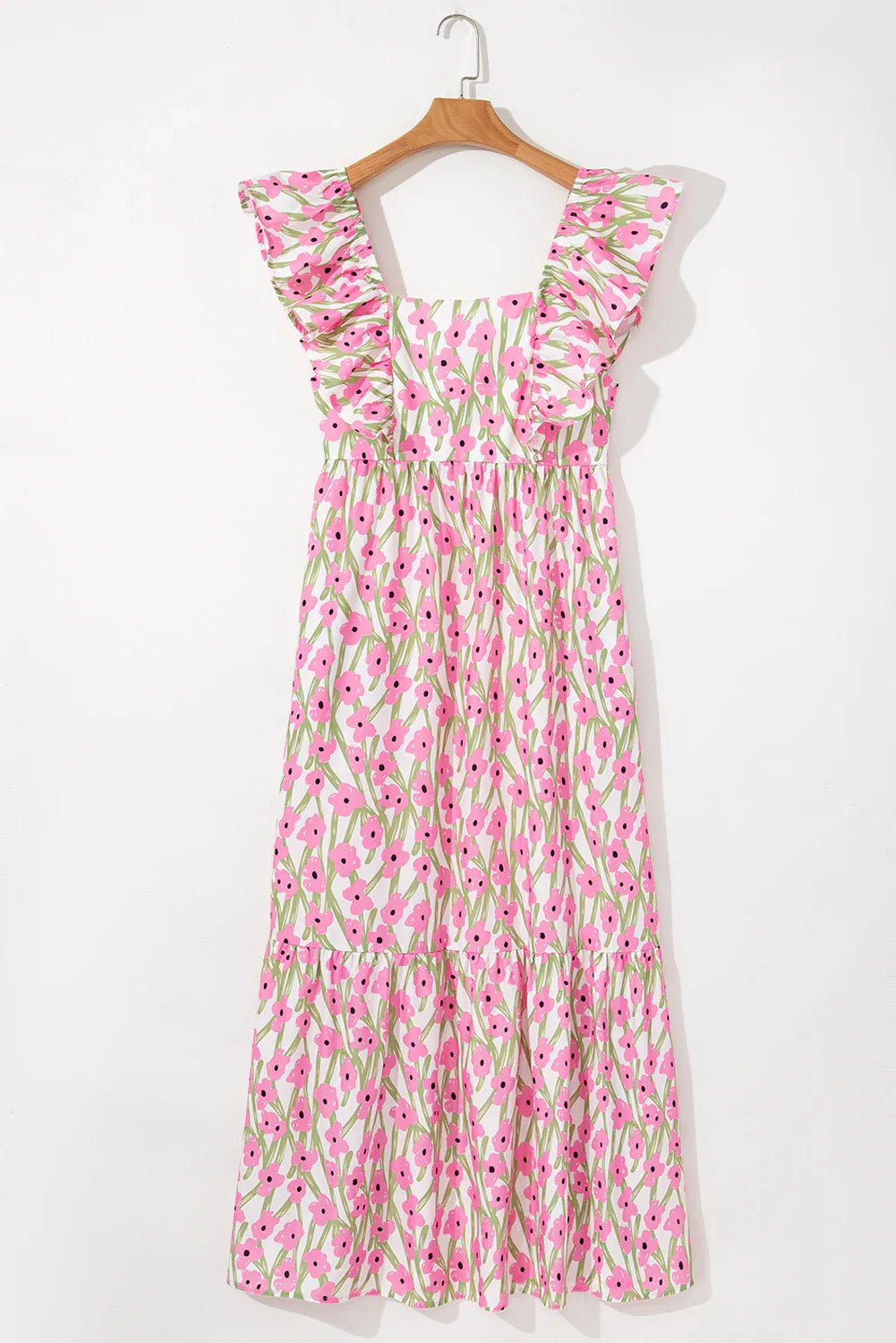 Pink Floral Print Square Neck Ruffled Strap Maxi Dress - MarkoFit