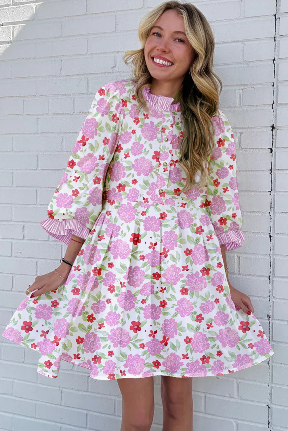 Pink Floral Print Striped Trim Frilled Neck 3/4 Sleeve Flared Mini Dress - MarkoFit