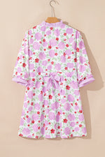 Pink Floral Print Striped Trim Frilled Neck 3/4 Sleeve Flared Mini Dress - MarkoFit