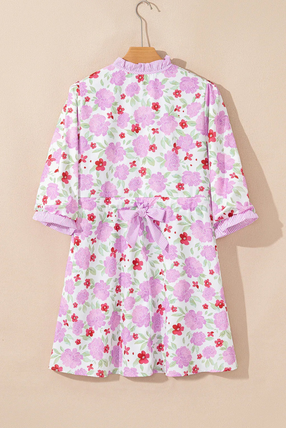 Pink Floral Print Striped Trim Frilled Neck 3/4 Sleeve Flared Mini Dress - MarkoFit